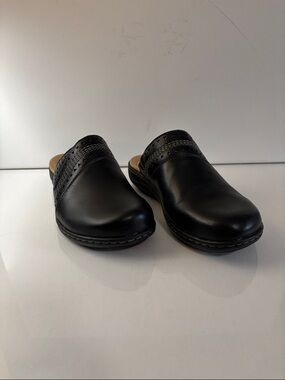 Clarks Black Leather Slip-On Clogs with Perforated Detail